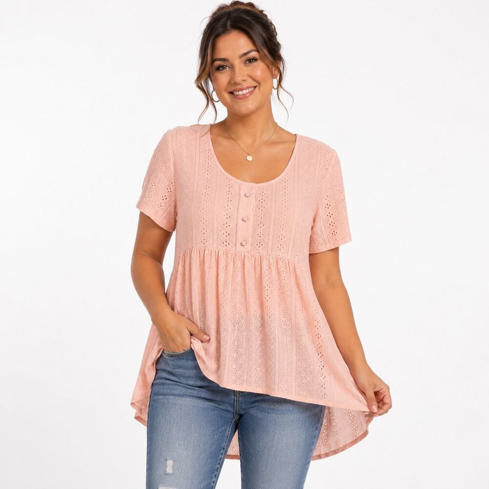 Shein Emery Rose Pink Eyelet Peplum Blouse XL Short Sleeve Button Front